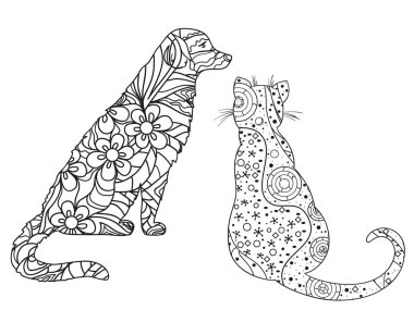 Köpek ve kedi beyaz. El soyut desenler hayvanlarla yalıtım zemin üzerine çekilmiş. Yetişkinler için manevi rahatlama için tasarım. Siyah beyaz resim boyama. Zen sanat
