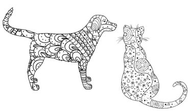 Köpek ve kedi beyaz. Zentangle. El soyut desenler hayvanlarla yalıtım zemin üzerine çekilmiş. Yetişkinler için manevi rahatlama için tasarım. Siyah beyaz resim boyama. Zen sanat