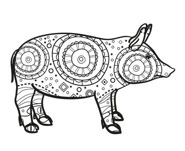白豚します 孤立した背景に複雑なパターンを持つ動物を描いた 大人のための精神的なリラクゼーションのためのデザイン バナー広告 チラシ 織物のイメージです 禅芸術 Zentangle — ストックベクタ
