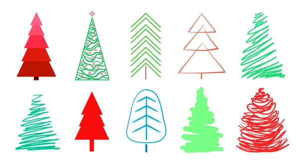 Weihnachtsbäume Auf Weiß Set Für Design Auf Isoliertem Hintergrund Geometrische — Stockvektor