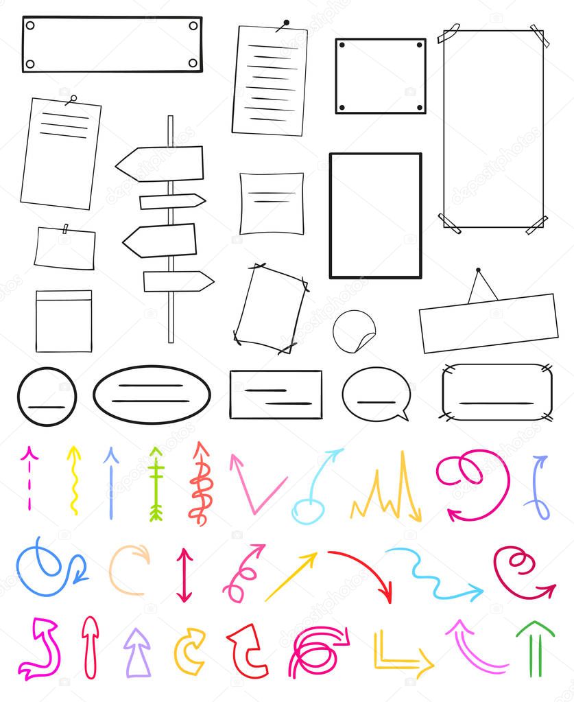 Abstract colored arrows. Infographic elements on isolated white. Set of different multicolored signs. Hand drawn simple objects. Right and left direction pointers