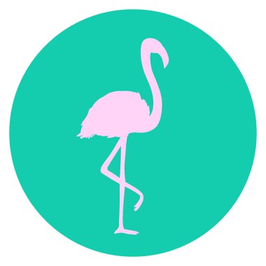 Flamingo üzerinde beyaz bir dairede. Karikatür kuş. Basım endüstrisi, t-shirt ve Tekstil için görüntü. Web simgesi. Renkli çizimi
