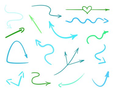 İzole arka plan üzerinde renkli Infographic öğeleri kümesi. Beyaz elle çizilmiş işaretçiler. Renkli oklar. Hat sanatı. Farklı işaretlere kümesi