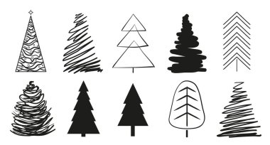 Beyaz üzerinde Noel ağaçları. Simgeler için izole arka plan üzerinde ayarlayın. Geometrik sanat. Nesneleri basımcılık, poster, tişört ve Tekstil için. Siyah beyaz resim
