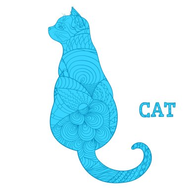 Beyaz kedi. El mozaik hayvan kiremitli desenleri ile yalıtım zemin üzerine çekilmiş. Yetişkinler için manevi rahatlama için tasarım. Afiş, poster, tişört ve Tekstil için doodle