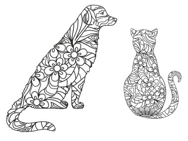 Köpek ve kedi beyaz. Zentangle. El soyut desenler hayvanlarla yalıtım zemin üzerine çekilmiş. Yetişkinler için manevi rahatlama için tasarım. Siyah beyaz resim boyama. Zen sanat