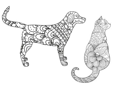 Köpek ve kedi beyaz. Zentangle. El soyut desenler hayvanlarla yalıtım zemin üzerine çekilmiş. Yetişkinler için manevi rahatlama için tasarım. Siyah beyaz resim boyama. Zen sanat