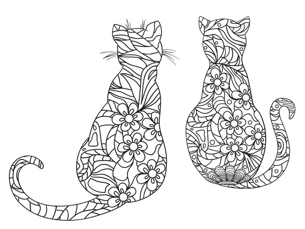 Chats Sur Blanc Zentangle Animaux Dessinés Main Avec Des Motifs — Image vectorielle