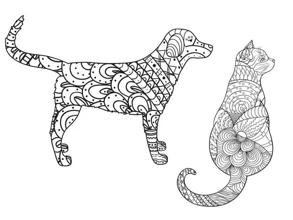 Köpek ve kedi beyaz. Zentangle. El soyut desenler hayvanlarla yalıtım zemin üzerine çekilmiş. Yetişkinler için manevi rahatlama için tasarım. Siyah beyaz resim boyama. Zen sanat