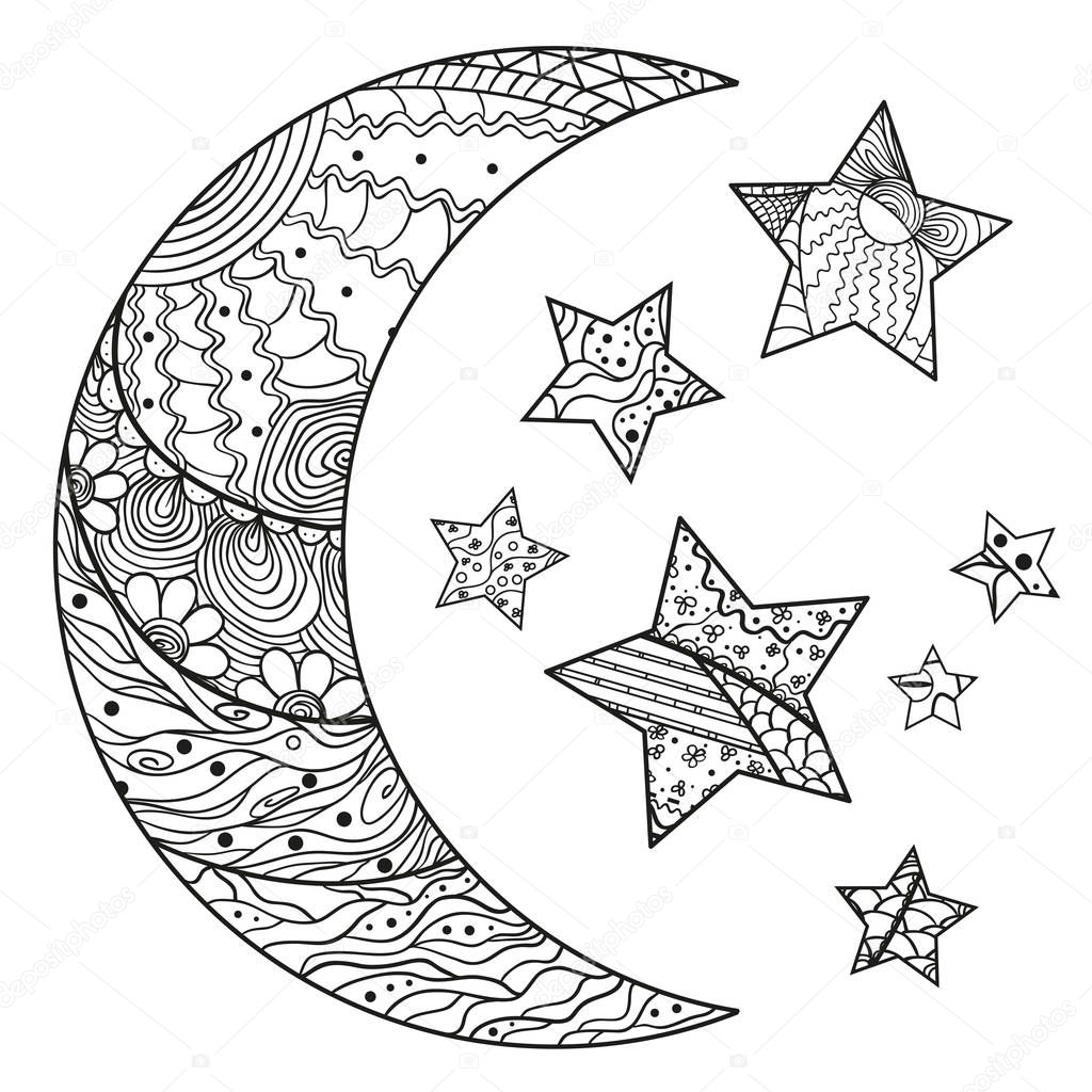 Crescent on white. Moon and stars with abstract patterns on isolation background. Zentangle. Design for spiritual relaxation for adults. Black and white illustration for anti stress colouring page