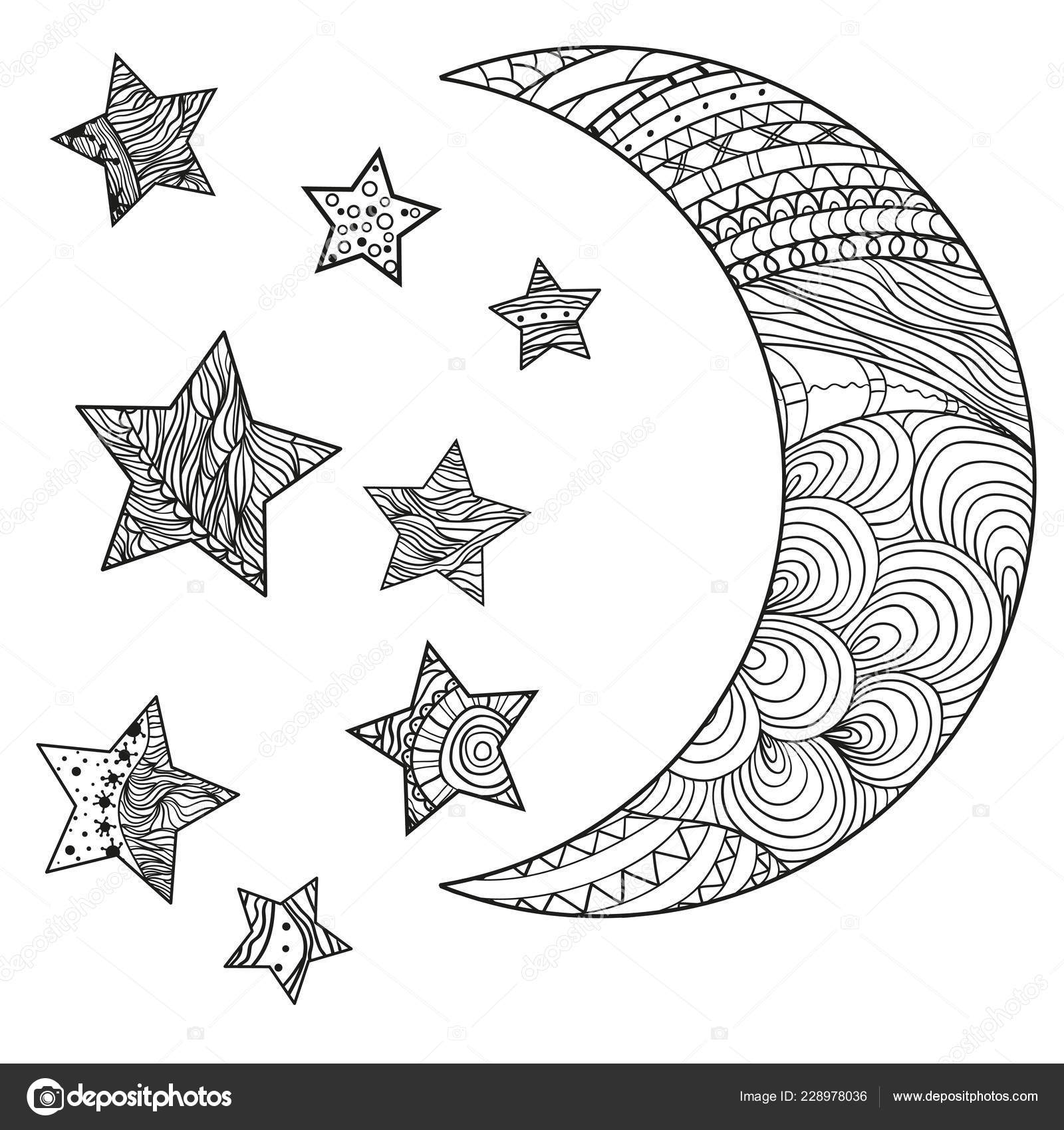 新月在白色与抽象模式的月亮和星星在隔离背景Zentangle 为成人提供精神放松的设计抗应力着色页的黑白插图图库矢量图©MikaBesfamilnaya  228978036, image size:1600x1700