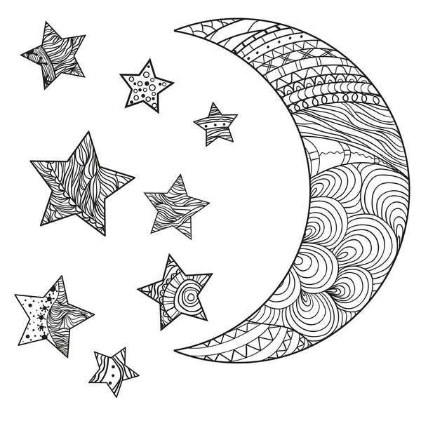 新月在白色 与抽象模式的月亮和星星在隔离背景 Zentangle 为成人提供精神放松的设计 抗应力着色页的黑白插图 — 图库矢量图片