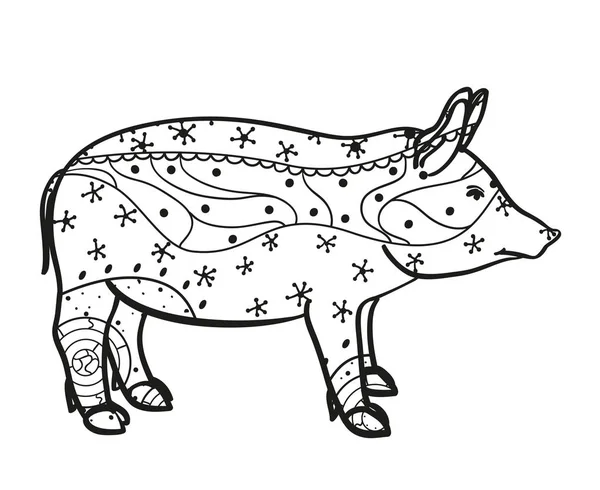 Pig White Zen Art Zentangle Hand Drawn Animal Intricate Patterns — Stock Vector