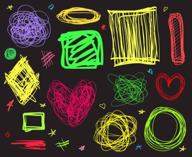 İzole siyah arka plan üzerine çizgiler dizisi. Karmaşık kaotik dokular. Dalgalı arka planında. El karışık desenler çekilmiş. Tasarım öğeleri