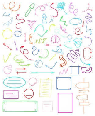 Soyut daireler, oklar ve dikdörtgenler. Çok renkli Infographic öğeleri üzerinde beyaz izole. Farklı göstergesi belirtileri ayarlayın. Elle çizilmiş basit nesneler. Sağ ve sol yön işaretçiler