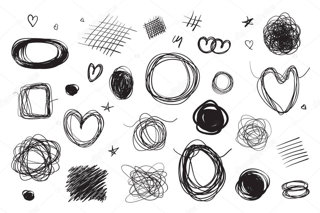 Tangled shapes on white. Chaos patterns. Scribble sketches. Backgrounds with array of lines. Intricate chaotic texture. Art creation. Black and white illustration. Prints for posters and t-shirts