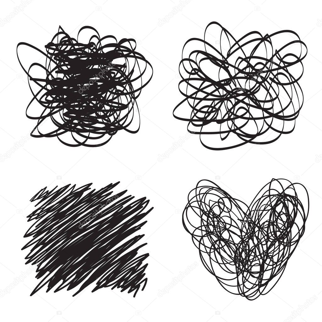 Tangled shapes on white. Chaos pattern. Scribble sketch. Background with array of lines. Intricate chaotic texture. Art creation. Black and white illustration. Doodles for posters and flyers