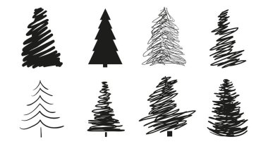 Beyaz üzerinde Noel ağaçları. Simgeler için izole arka plan üzerinde ayarlayın. Geometrik sanat. Nesneleri basımcılık, poster, tişört ve Tekstil için. Siyah beyaz resim