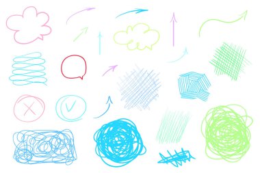 Beyaz karışık şekillerdeki. Infographic öğeleri kümesi. Karalama kroki. Çizgiler bir dizi arka plan. Karmaşık kaotik doku. Sanat yaratma. Renkli resimde. Karalamalar posterler için