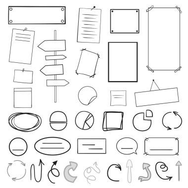 Elle çizilmiş Infographic öğeleri üzerinde beyaz. Soyut oklar. Hat sanatı. Farklı işaretlere kümesi. Siyah beyaz resim. Doodles'ın sanat eserleri için