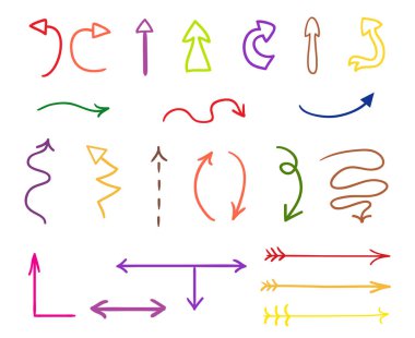 İzole beyaz arka plan üzerinde renkli Infographic öğeleri. Elle çizilmiş basit oklar. Hat sanatı. Farklı işaretçi kümesi. Soyut göstergeleri