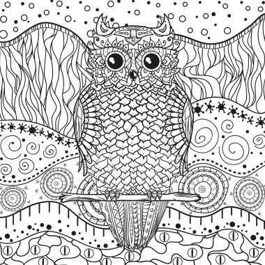 Soyut Doğu desen ile izole beyaz baykuş. Zentangle. El soyut desenler yalıtım zemin üzerine çekilmiş. Yetişkinler için manevi rahatlama için tasarım. Siyah beyaz resim
