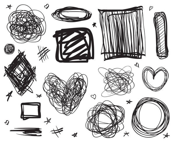 Hand drawn lines on isolated background. Chaotic textures with hatching. Wavy tangled backdrops. Black and white illustration. Elements for posters and flyers