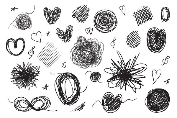 Hand drawn lines on isolated background. Chaotic textures with hatching. Wavy tangled backdrops. Black and white illustration. Elements for posters and flyers