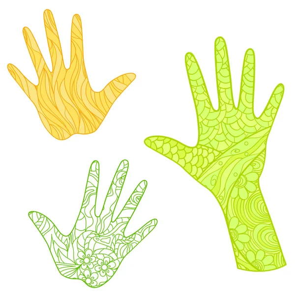 Mãos Com Padrões Coloridos Abstratos Fundo Isolamento Design Para Relaxamento — Vetor de Stock