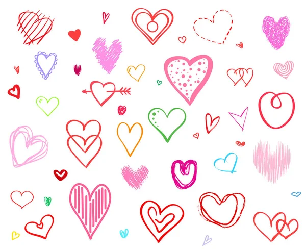 Handgezeichnete Bunte Herzen Auf Weißem Hintergrund Eine Reihe Von Liebeszeichen — Stockvektor