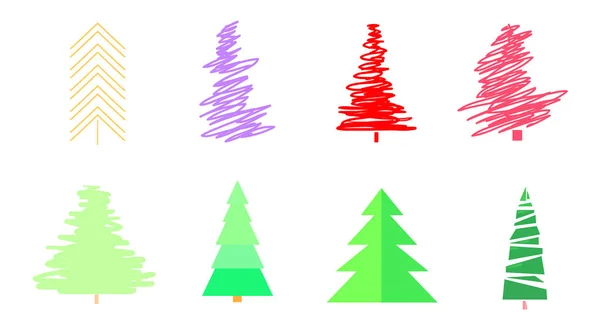 Bunte Weihnachtsbäume Auf Weißem Grund Set Für Design Auf Isoliertem — Stockvektor