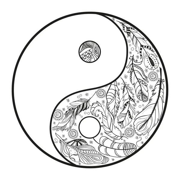 Yin Yang Branco Mandala Desenhada Mão Sobre Fundo Isolamento Design — Vetor de Stock