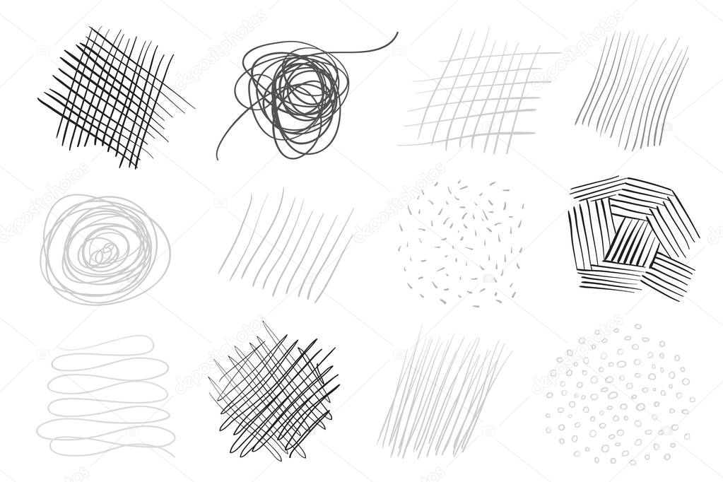 Backgrounds with array of lines. Intricate chaotic textures. Wavy backdrops. Hand drawn tangled patterns. Black and white illustration. Elements for posters and flyers