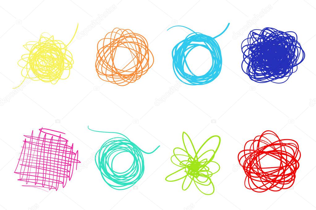 Hand drawn lines on isolated white background. Chaotic textures with hatching. Wavy tangled backdrops. Colorful illustration. Elements for posters and flyers