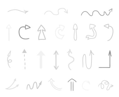Elle çizilmiş Infographic öğeleri üzerinde beyaz. Soyut oklar. Hat sanatı. Farklı işaretlere kümesi. Siyah beyaz resim. Doodles'ın sanat eserleri için