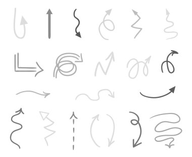 Elle çizilmiş Infographic öğeleri üzerinde beyaz. Soyut oklar. Hat sanatı. Farklı işaretlere kümesi. Siyah beyaz resim. Doodles'ın sanat eserleri için