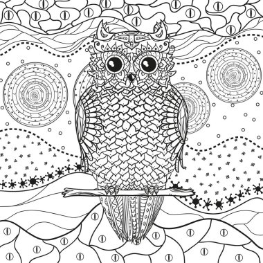 Soyut Doğu desen ile izole beyaz baykuş. Zentangle. El soyut desenler yalıtım zemin üzerine çekilmiş. Yetişkinler için manevi rahatlama için tasarım. Siyah beyaz resim