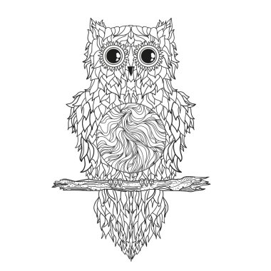 İzole beyaz baykuş. Zentangle. Ayrıntılı el vintage kuş soyut desenler ile yalıtım zemin üzerine çekilmiş. Yetişkinler için manevi rahatlama için tasarım