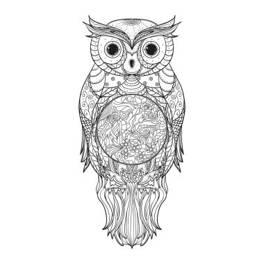 İzole beyaz baykuş. Zentangle. Ayrıntılı el vintage kuş soyut desenler ile yalıtım zemin üzerine çekilmiş. Yetişkinler için manevi rahatlama için tasarım