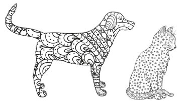 Köpek ve kedi beyaz. Zentangle. El soyut desenler hayvanlarla yalıtım zemin üzerine çekilmiş. Yetişkinler için manevi rahatlama için tasarım. Siyah beyaz resim boyama. Zen sanat