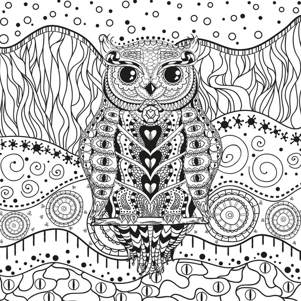 Mandaly Sova Izolované Bílá Zentangle Ručně Tažené Abstraktní Vzory Pozadí — Stockový vektor