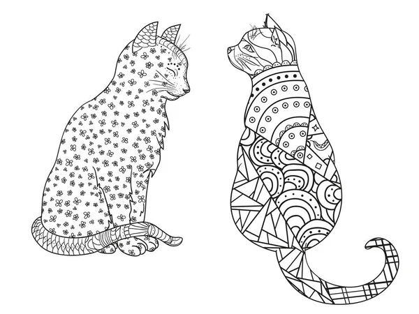 Chats Sur Blanc Zentangle Animaux Dessinés Main Avec Des Motifs — Image vectorielle