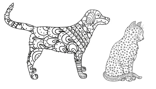 Perro Gato Blanco Zentangle Animales Dibujados Mano Con Patrones Abstractos — Vector de stock