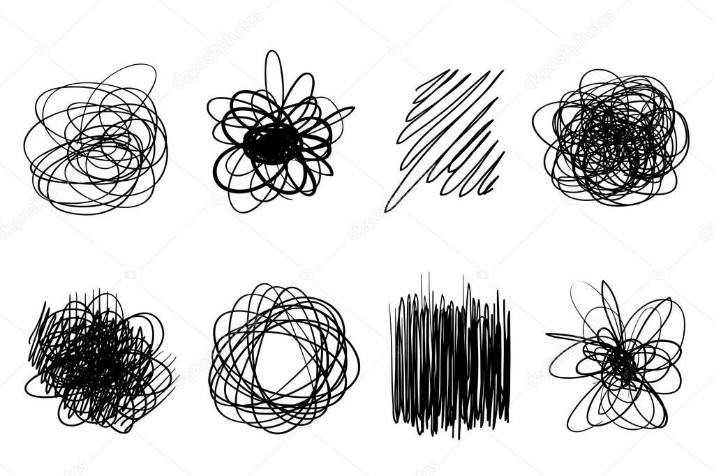 Backgrounds with array of lines on white. Intricate chaotic textures. Wavy backdrops. Hand drawn tangled patterns. Black and white illustration. Elements for design