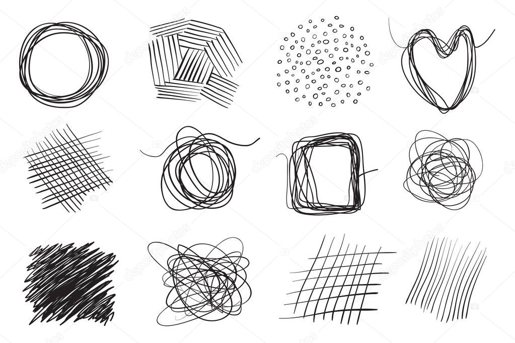 Backgrounds with array of lines on white. Intricate chaotic textures. Wavy backdrops. Hand drawn tangled patterns. Black and white illustration. Elements for design