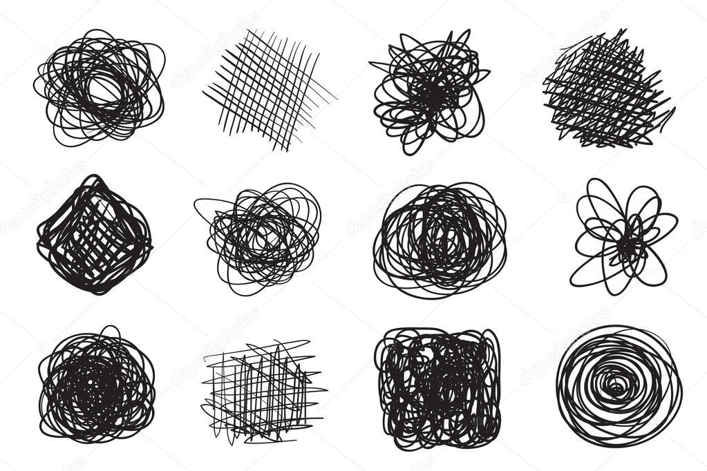 Tangled shapes on white. Chaos pattern. Scribble sketch. Background with array of lines. Intricate chaotic texture. Art creation. Black and white illustration. Doodles for posters and flyers