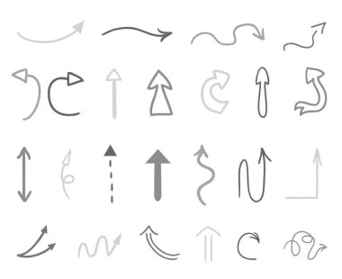 Elle çizilmiş Infographic öğeleri üzerinde beyaz. Soyut oklar. Hat sanatı. Farklı işaretlere kümesi. Siyah beyaz resim. Doodles'ın sanat eserleri için