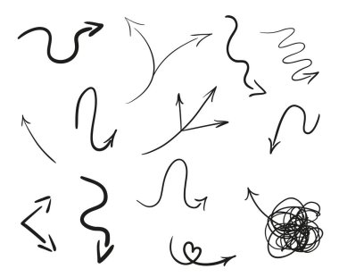 Elle çizilmiş Infographic öğeleri üzerinde beyaz. Soyut oklar. Hat sanatı. Farklı işaretlere kümesi. Siyah beyaz resim. Doodles'ın sanat eserleri için