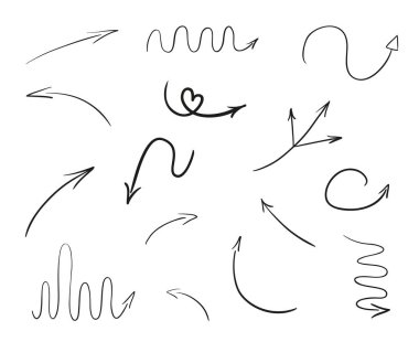 Elle çizilmiş Infographic öğeleri üzerinde beyaz. Soyut oklar. Hat sanatı. Farklı işaretlere kümesi. Siyah beyaz resim. Doodles'ın sanat eserleri için