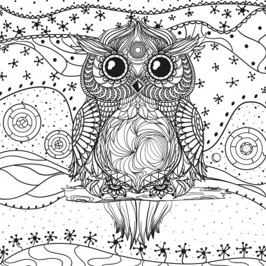 Mandala ile izole beyaz baykuş. Zentangle. El soyut desenler yalıtım zemin üzerine çekilmiş. Yetişkinler için manevi rahatlama için tasarım. Siyah beyaz resim boyama